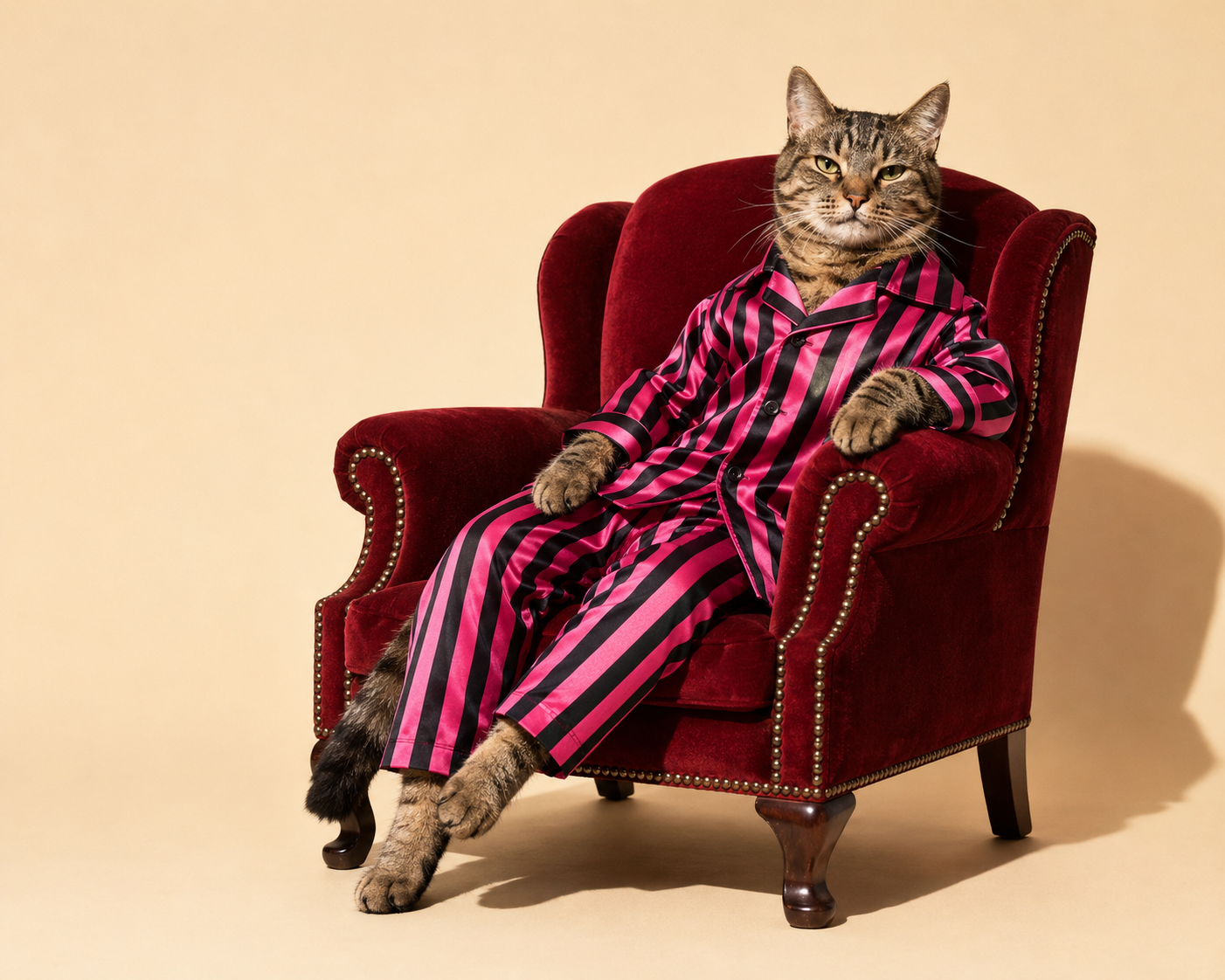 A tabby cat in pink striped satin pyjamas reclining in a red velvet armchair